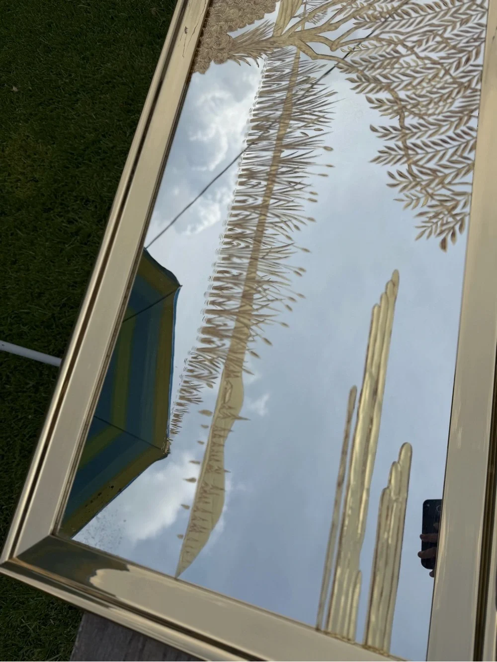 Vintage Hollywood Regency Asian 53x30 Chinoiserie Landscape Gold Etched Mirror